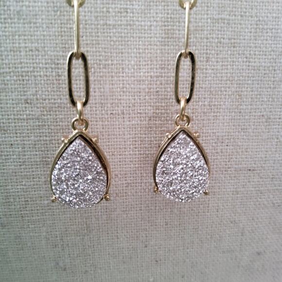 Faux Druzy Long Dangle Teardrop Gold Tone Chain Detail Earrings - Picture 2 of 6